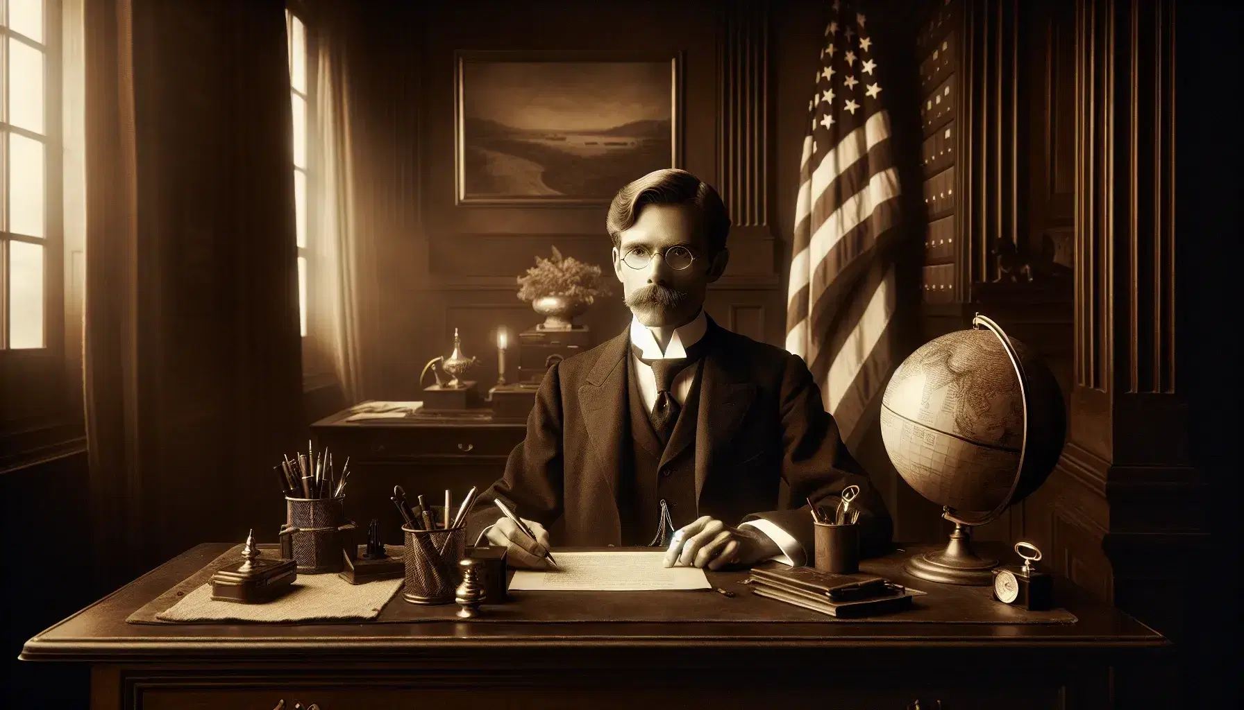 Early 20th-century historical figure with pince-nez glasses seated at desk, American flag in background, globe to the side, and vintage office items.