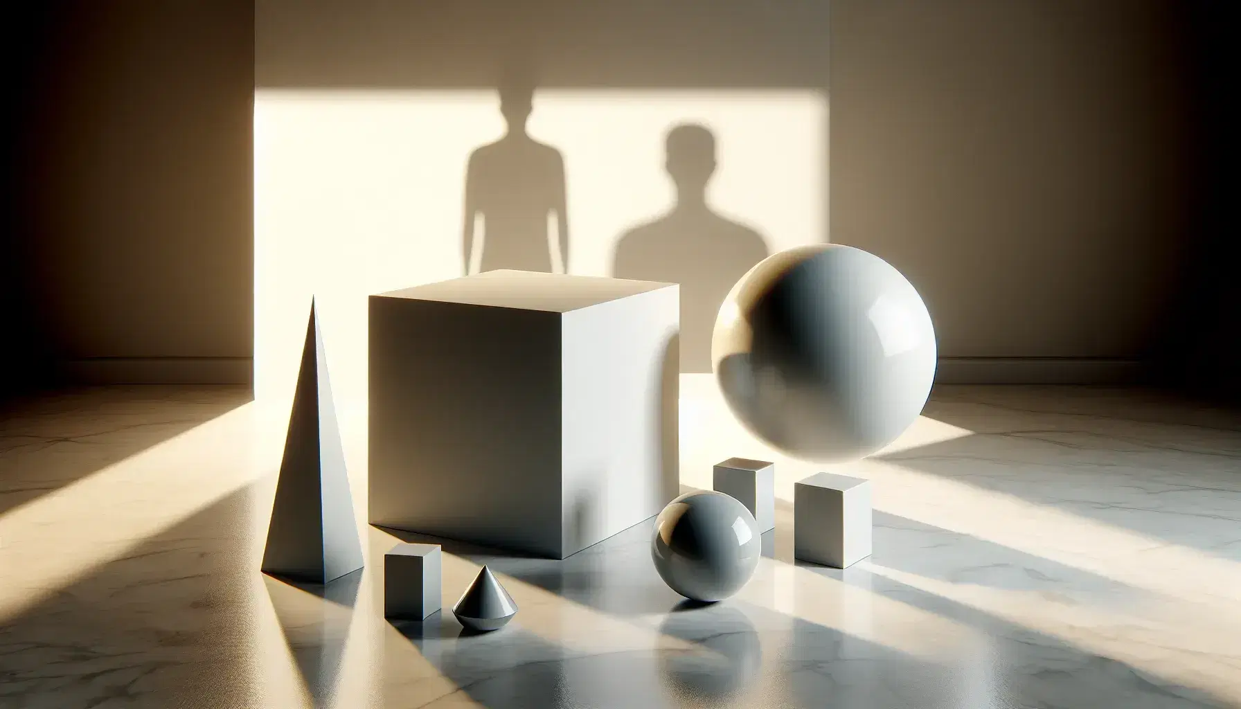 Figuras geométricas tridimensionales sobre superficie de mármol con sombra de silueta humana, destacando un cubo y una esfera reflectantes bajo iluminación directa.