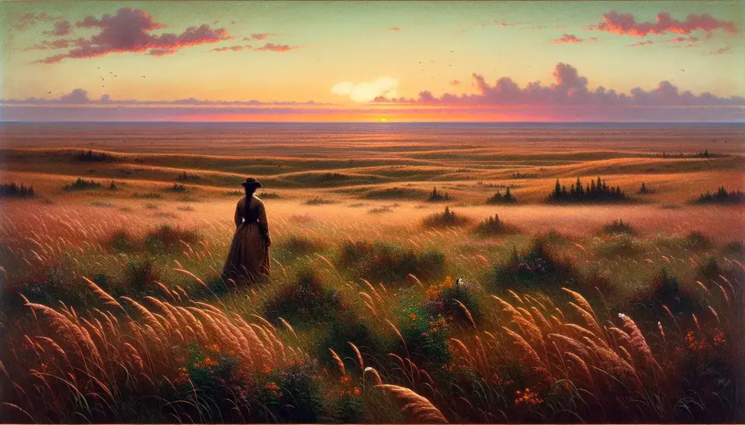 Prairie landscape at dawn with warm sky gradient, scattered clouds, rich grasses, wildflowers, and a lone figure in vintage attire facing a farmhouse.