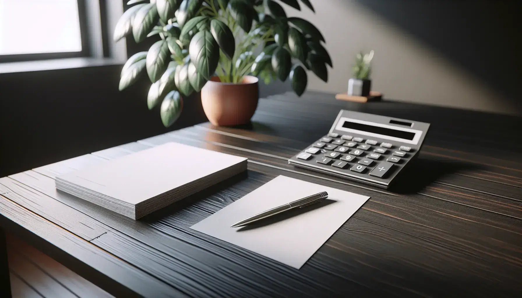 Escritorio de madera oscura con calculadora gris, pila de papeles blancos y bolígrafo plateado, junto a planta verde en maceta terracota.