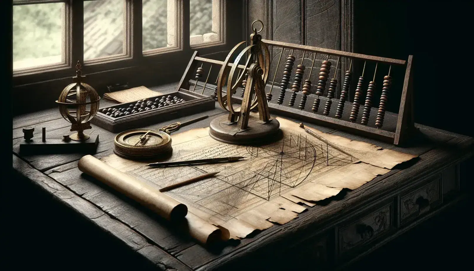 Scrivania antica in legno scuro con strumenti matematici vintage, astrolabe, compasso in ottone e abaco, accanto a pergamena con disegni geometrici.