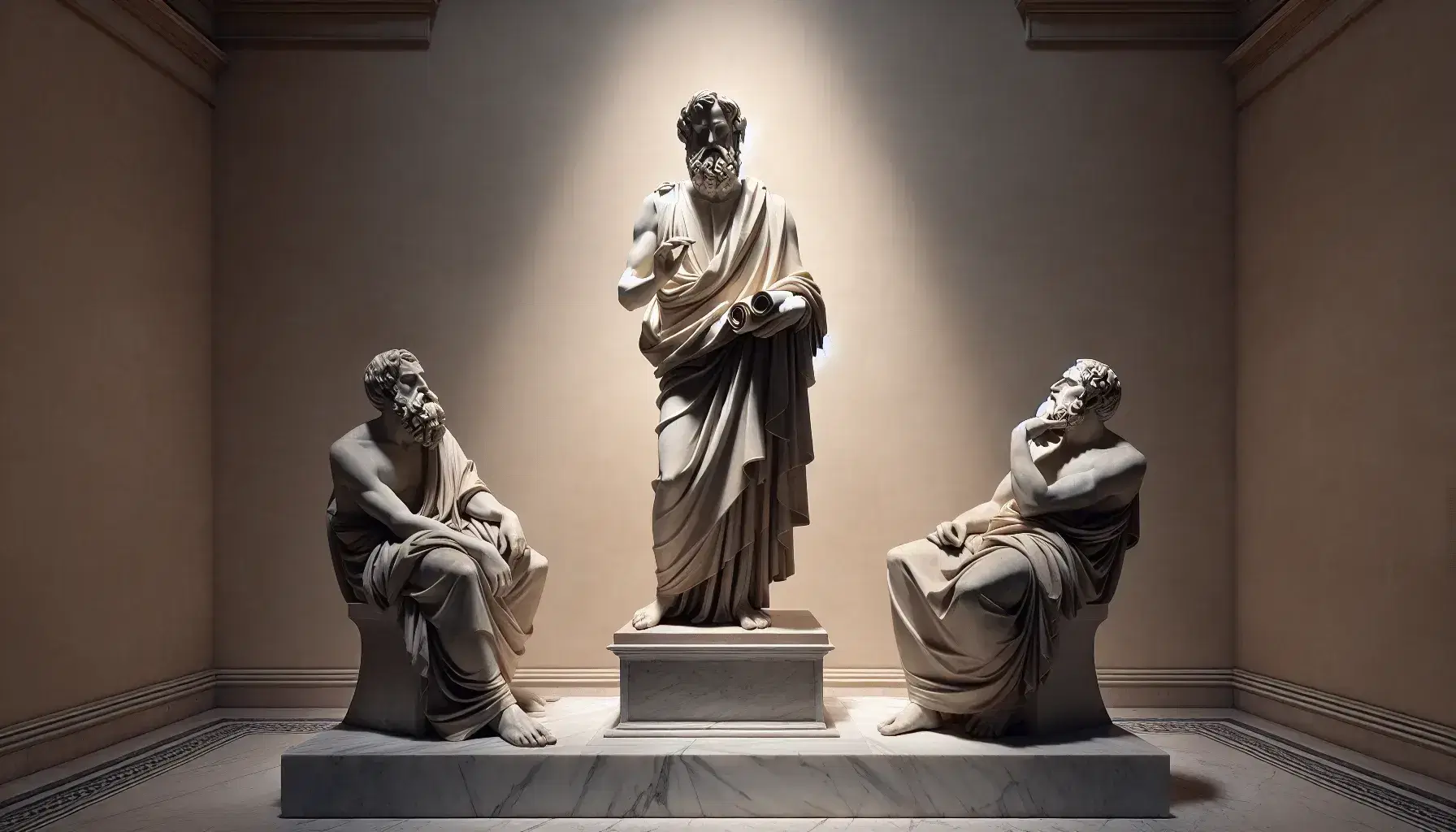 Tres estatuas de filósofos de piedra en formación triangular sobre base de mármol, con una figura de pie orando y dos sentadas escuchando, contra pared crema.