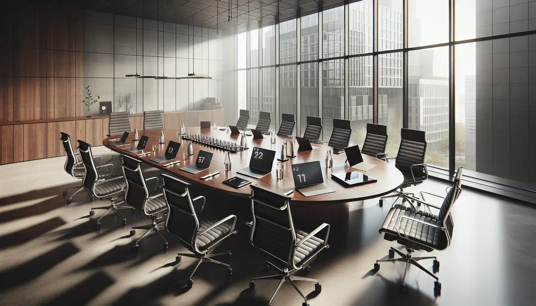 Modern conference room with oval mahogany table, ergonomic chairs, laptops, tablets, water bottles, coffee mugs, and cityscape view through floor-to-ceiling windows.