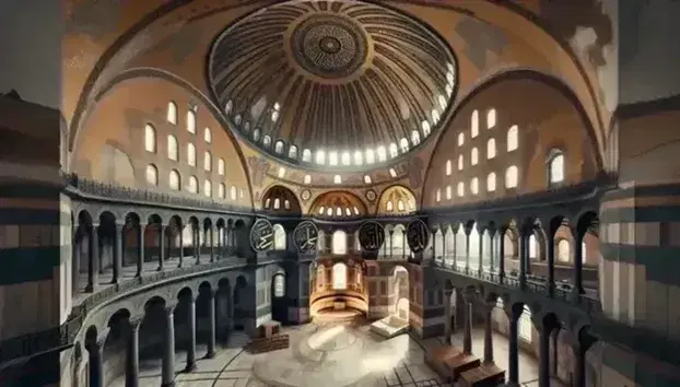Interior of the Hagia Sophia with light-dark contrasting arches, polished marble floor and natural light that emphasizes the Byzantine geometry.