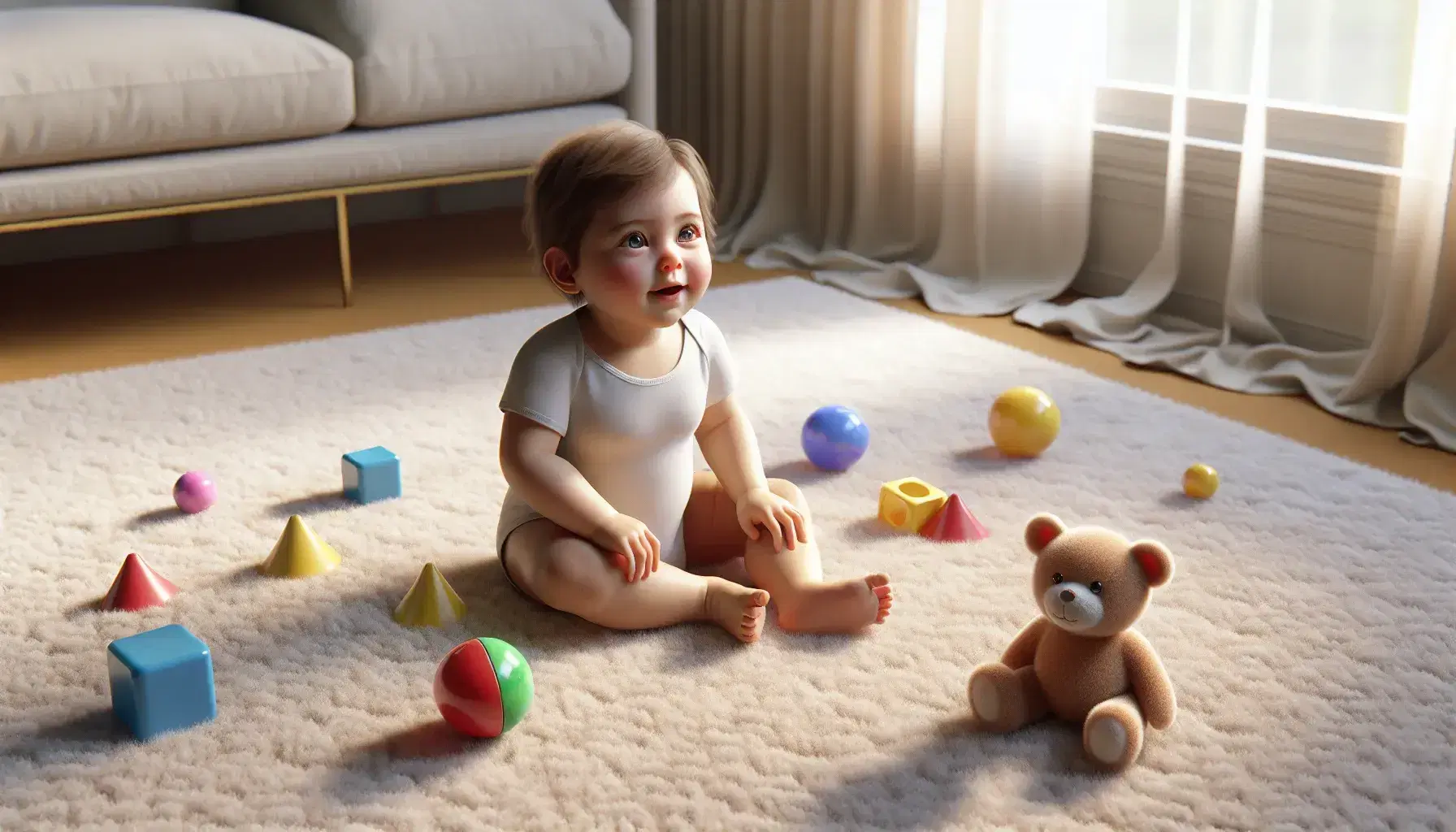 Smiling baby in white bodysuit sitting on soft carpet with colorful toys and adult in jeans offering yellow duckling.