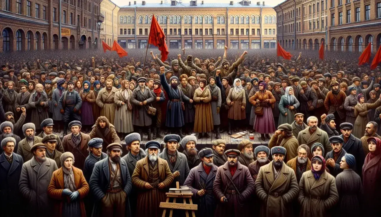 Scena vivace di piazza durante la Rivoluzione d'Ottobre con persone in abiti d'epoca, bandiere rosse e artista che dipinge su tela.
