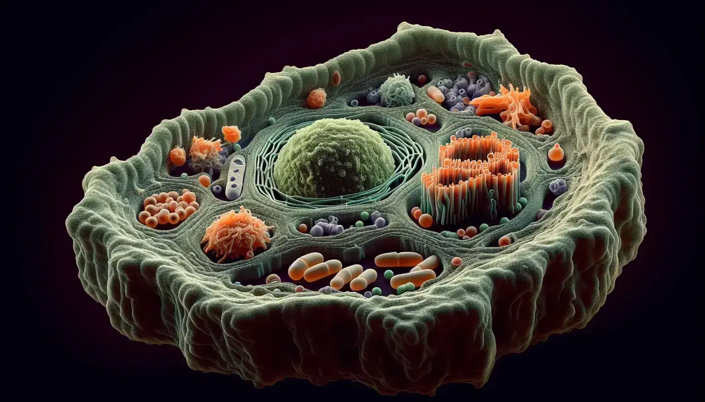 Vista microscópica de una célula animal con membrana plasmática, citoplasma granulado y proteínas de transporte en tonos verdes y amarillos.