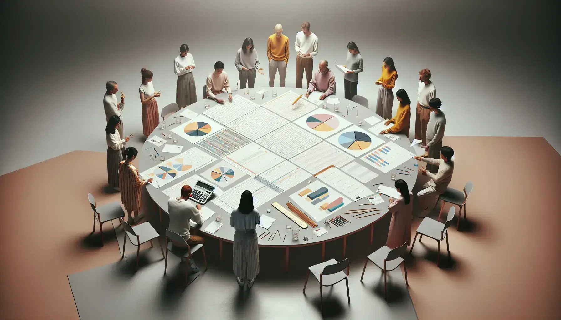 Grupo diverso de personas en reunión de trabajo analizando gráficos circulares y de barras, con calculadora y material de papelería sobre mesa redonda.