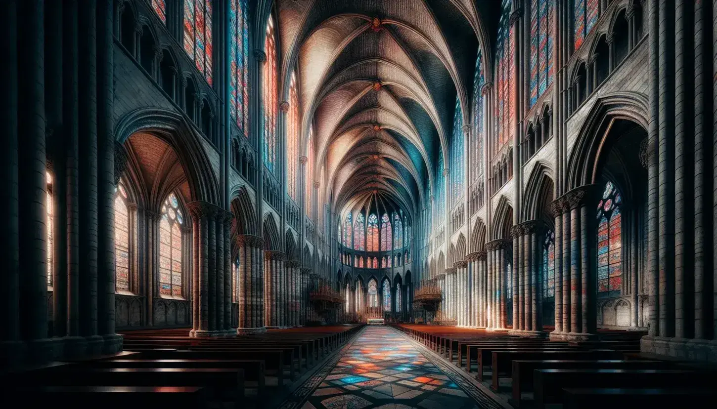 Interno di cattedrale gotica con colonne slanciate, vetrate policrome, volte a crociera e panche in legno, senza persone.