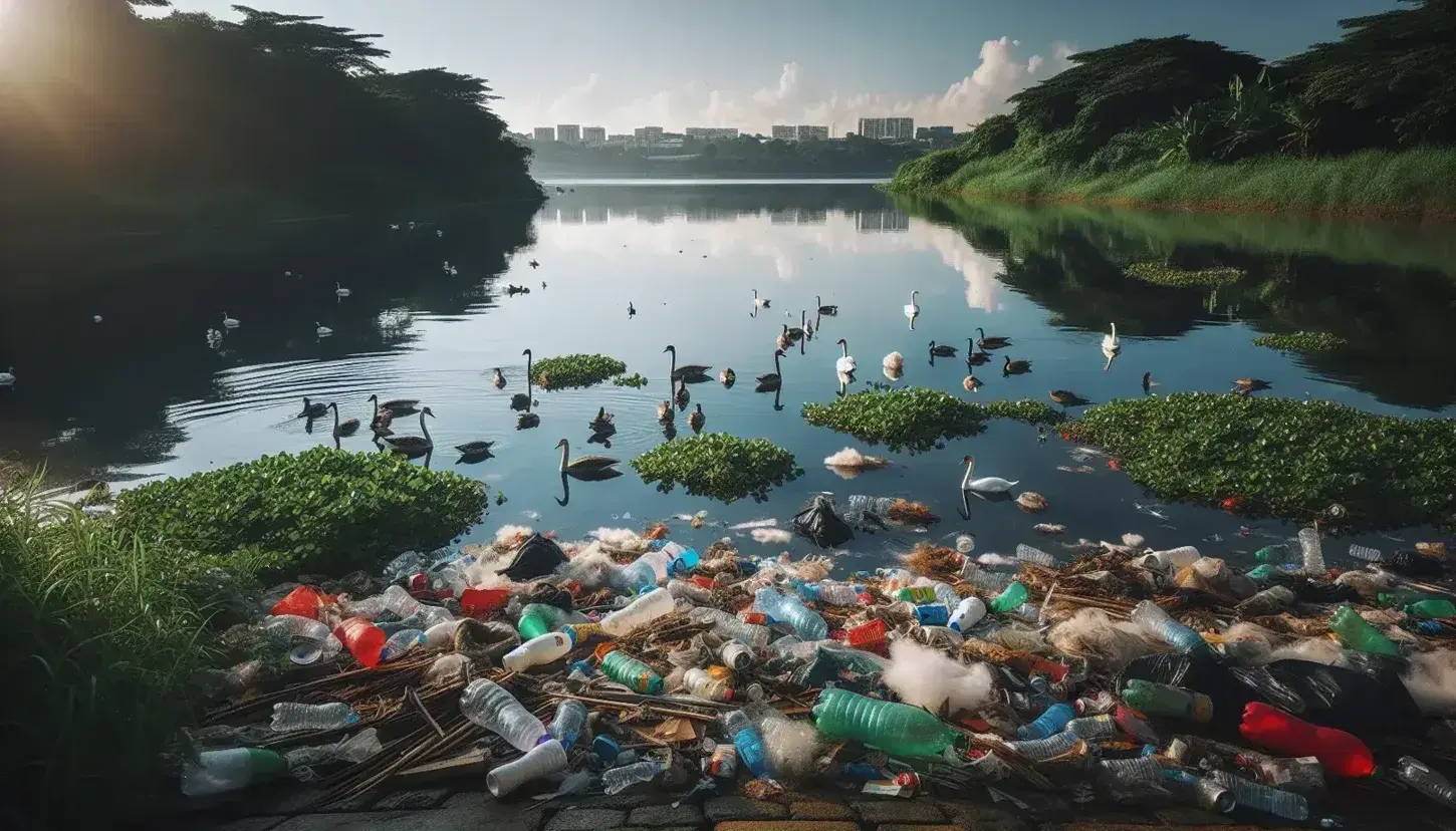 Paisaje natural con aves acuáticas nadando en un río reflejando el cielo azul, con contaminación de residuos en la orilla y silueta urbana al fondo.
