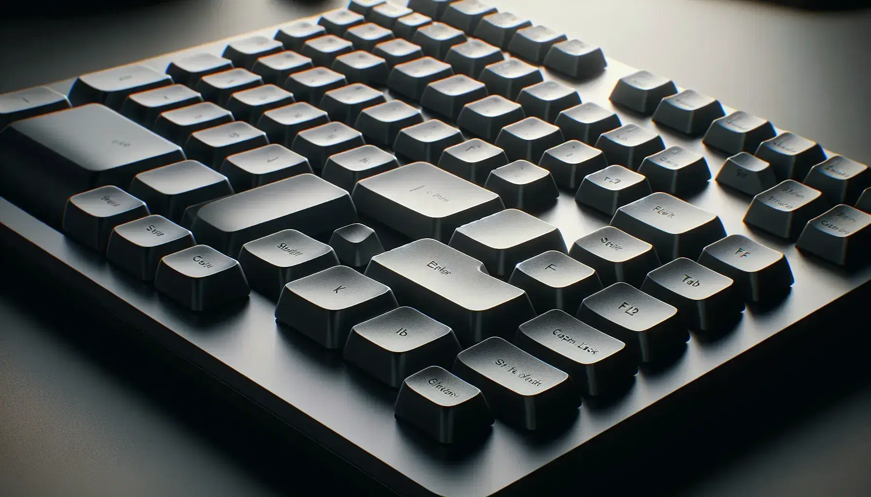 Close up of QWERTY keyboard with gray keys, highlighted central 'Enter' key, F1-F12 function keys and blurred office background.