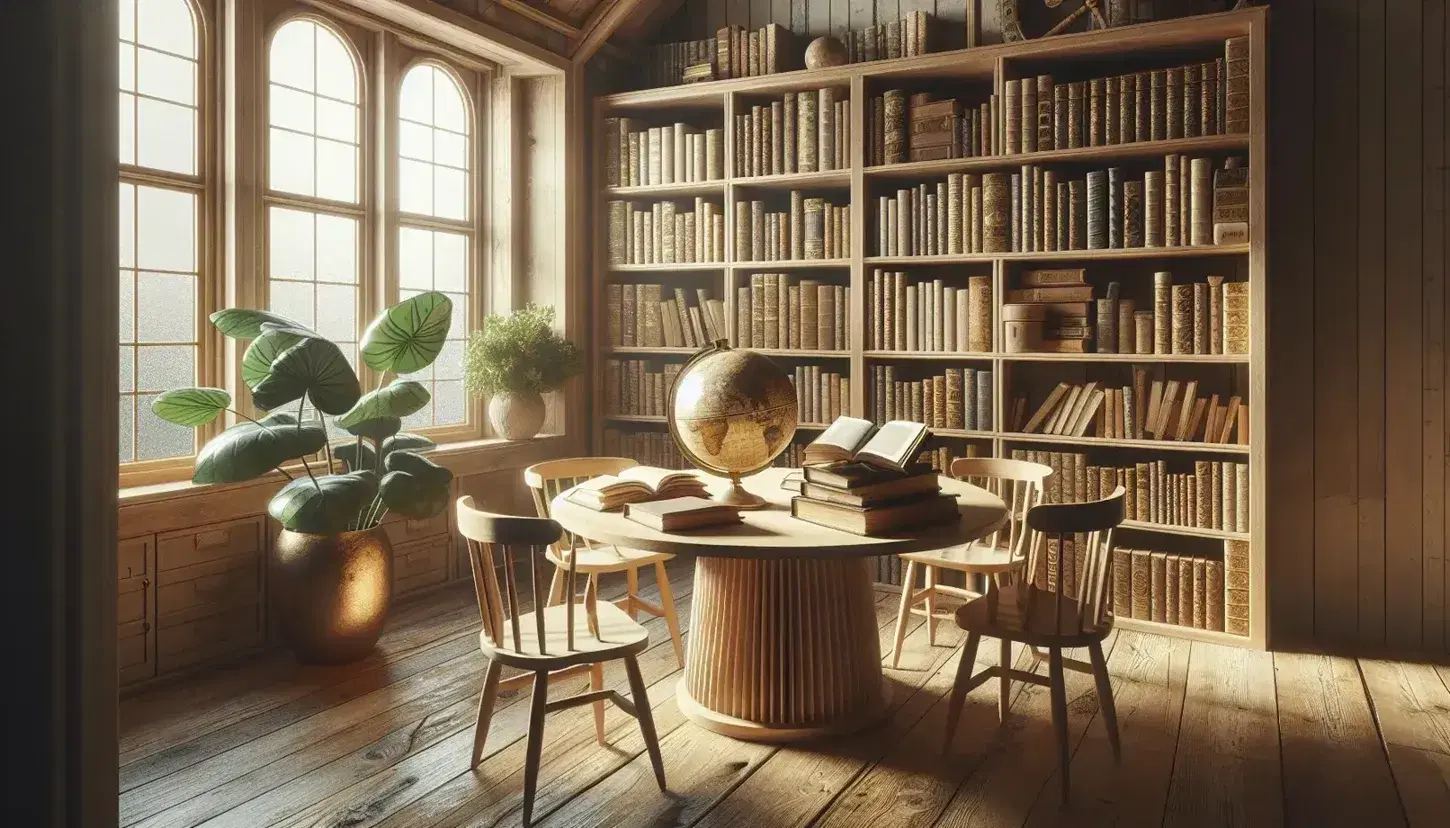 Biblioteca acogedora con estanterías de madera llenas de libros, mesa redonda con libros abiertos y globo antiguo, ventana grande y planta verde.