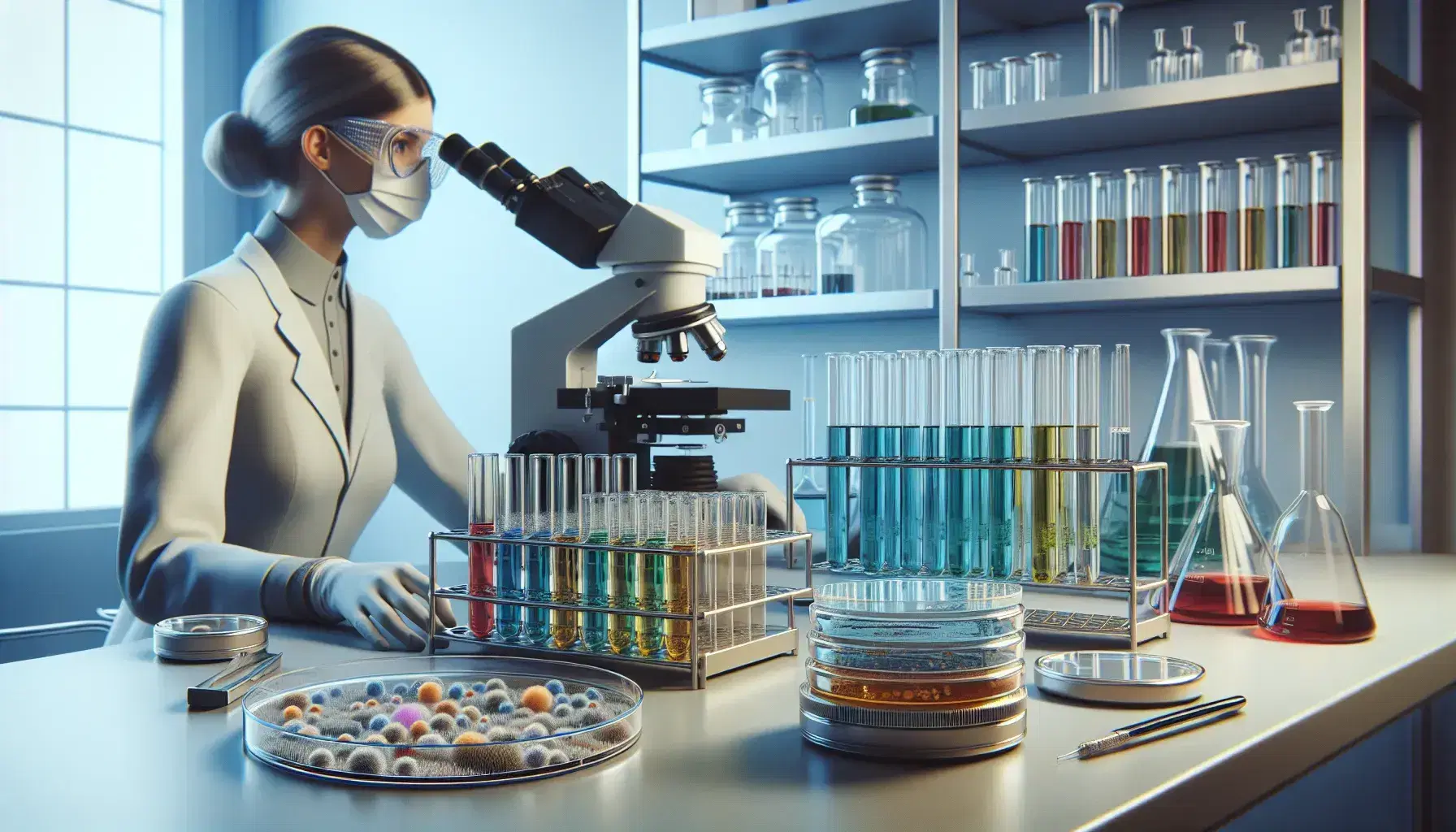 Laboratorio científico con tubos de ensayo de colores en soporte metálico, plato de Petri con colonias bacterianas y científica usando microscopio.