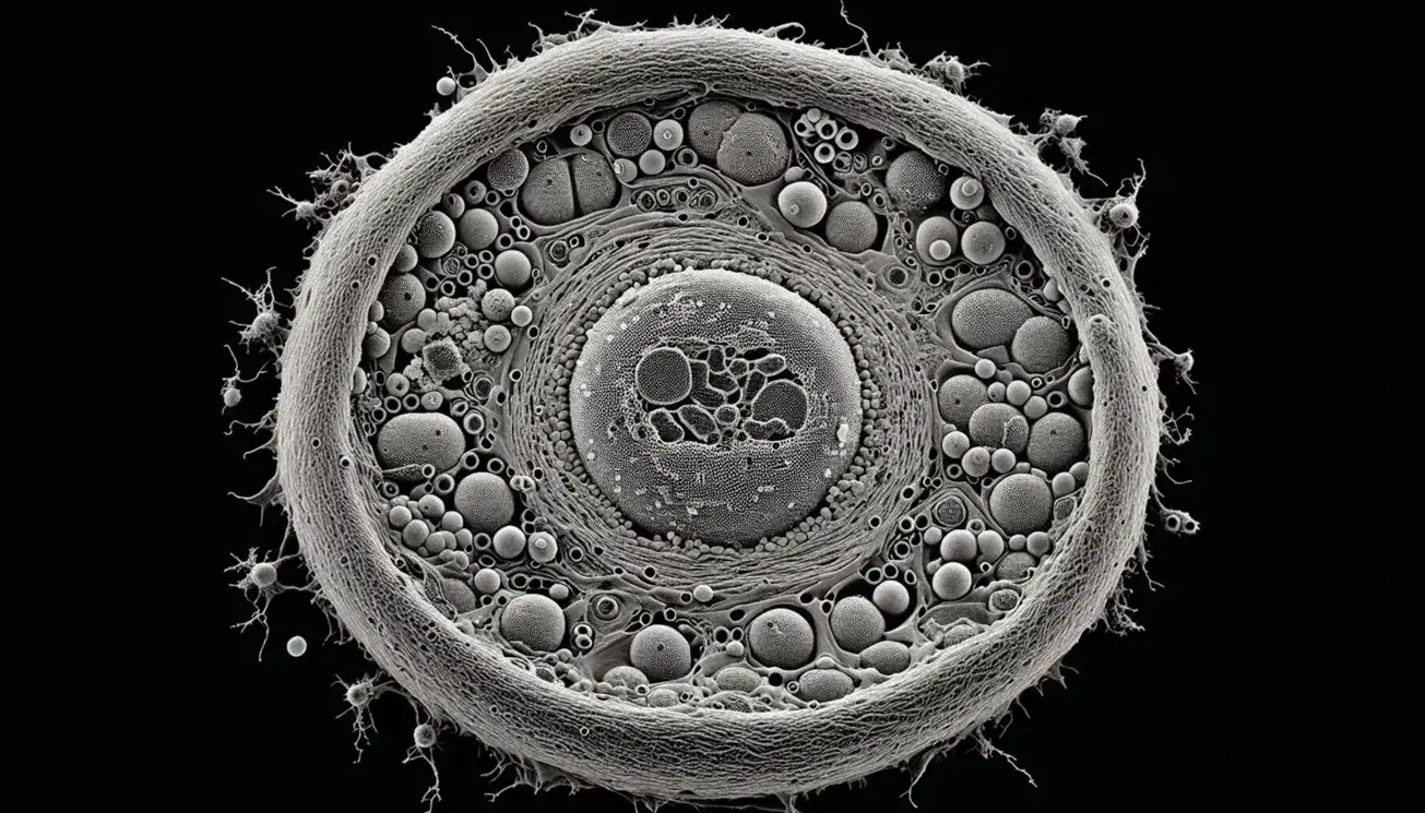 Micrografía electrónica de transmisión en blanco y negro mostrando una célula eucariota con núcleo, cromatina, citoplasma con vesículas y citoesqueleto.