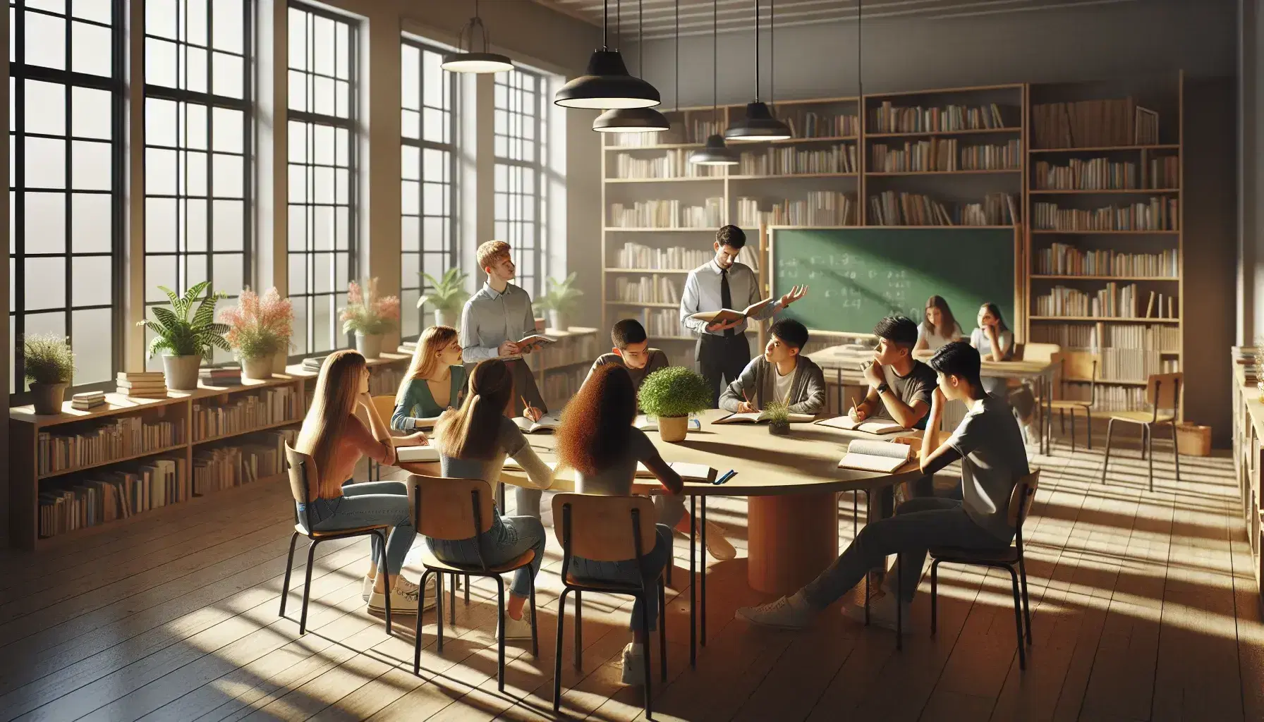 Aula luminosa con estudiantes diversos alrededor de una mesa redonda, discutiendo activamente con cuadernos abiertos y un profesor facilitando la clase.