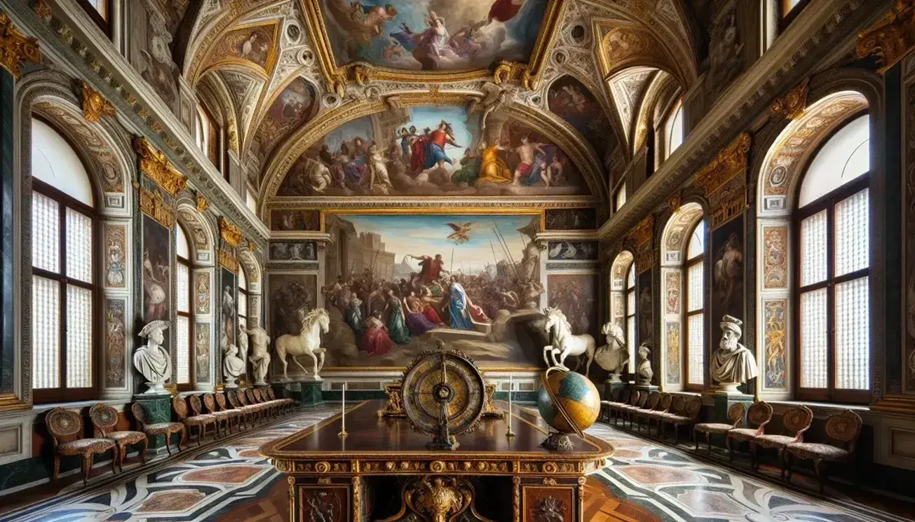 Renaissance palazzo interior with frescoes of classical myths, gold-stuccoed ceiling, Medici bust, astrolabe, and ornate rug reflecting Medici grandeur.