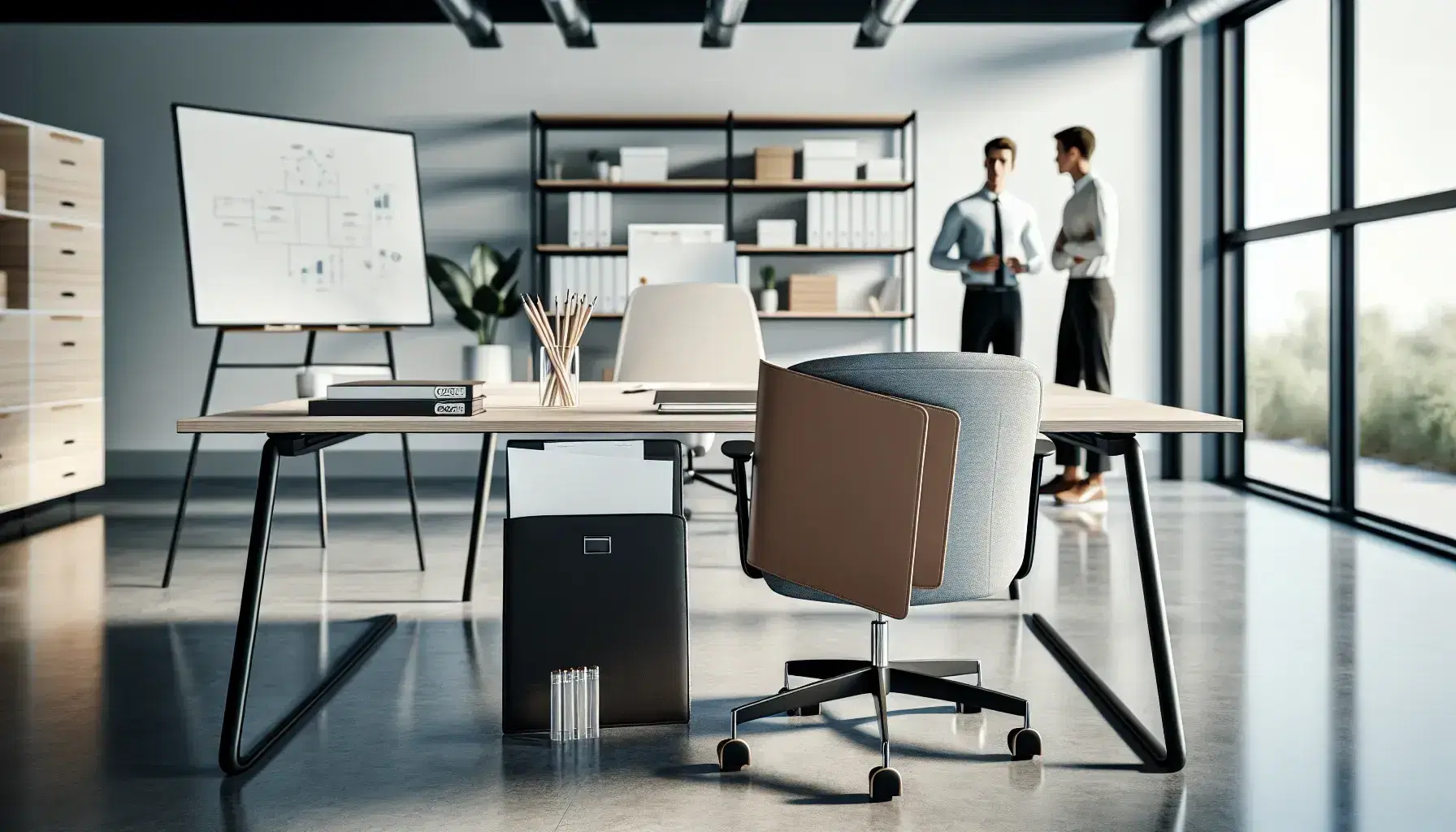 Oficina moderna y espaciosa con escritorio, silla ergonómica, herramientas de análisis de trabajo, dos personas conversando y pizarra blanca.