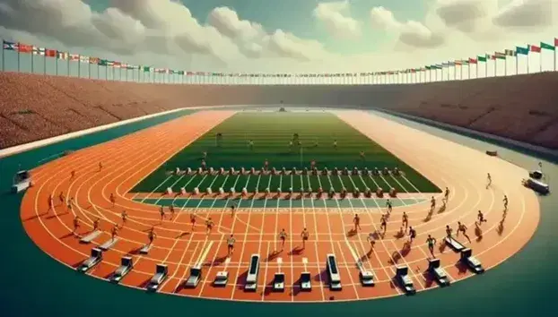 Pista de atletismo ovalada con carriles marcados y bloques de salida, atletas en competición y banderas coloridas ondeando bajo un cielo azul.