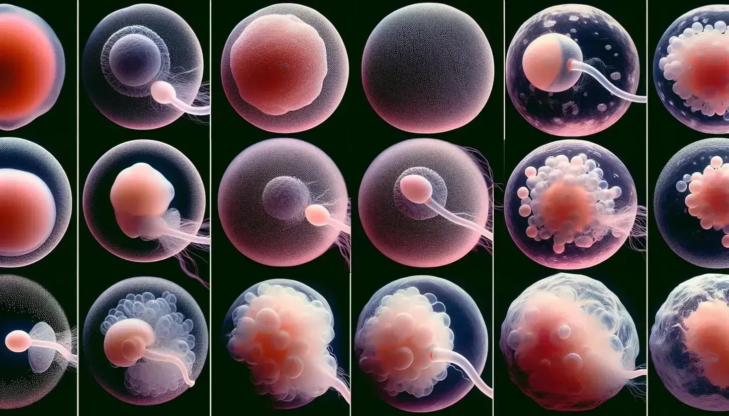 Sequenza di otto foto a colori che mostrano le fasi dello sviluppo embrionale umano, dall'ovulo fecondato al feto formato.