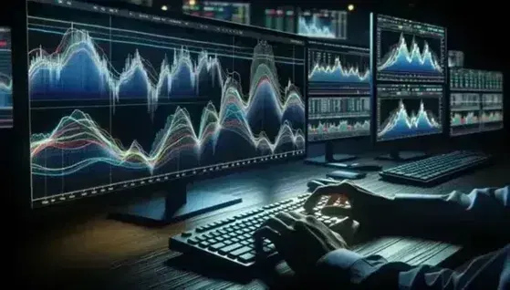 Schermi di monitor con grafici finanziari in tempo reale in una sala di trading, mani di un operatore sulla tastiera, atmosfera professionale.