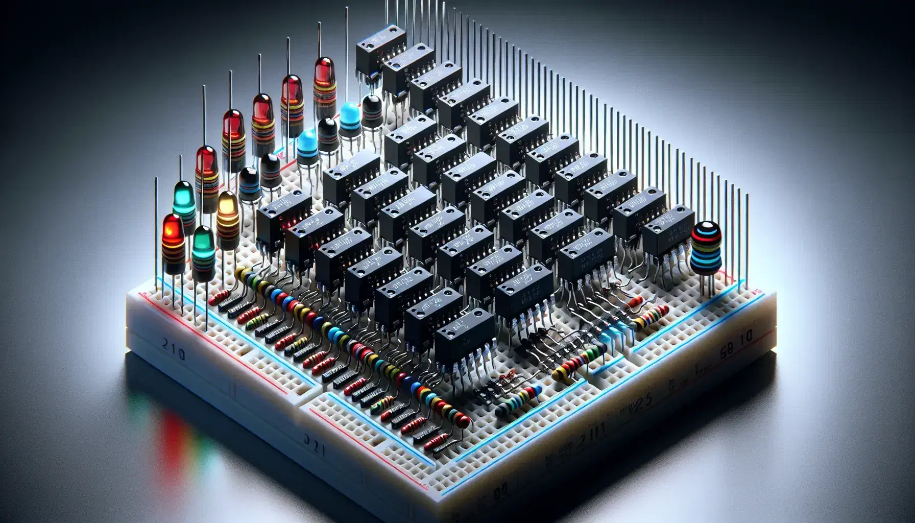 Circuiti logici su breadboard con LED rossi e verdi, resistenze colorate e fili, indicando connessioni di alimentazione e terra.