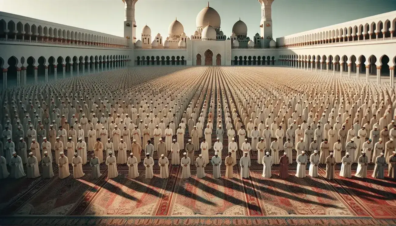 Grupo de fieles en oración con túnicas claras frente a mezquita con cúpulas y minaretes bajo cielo despejado.