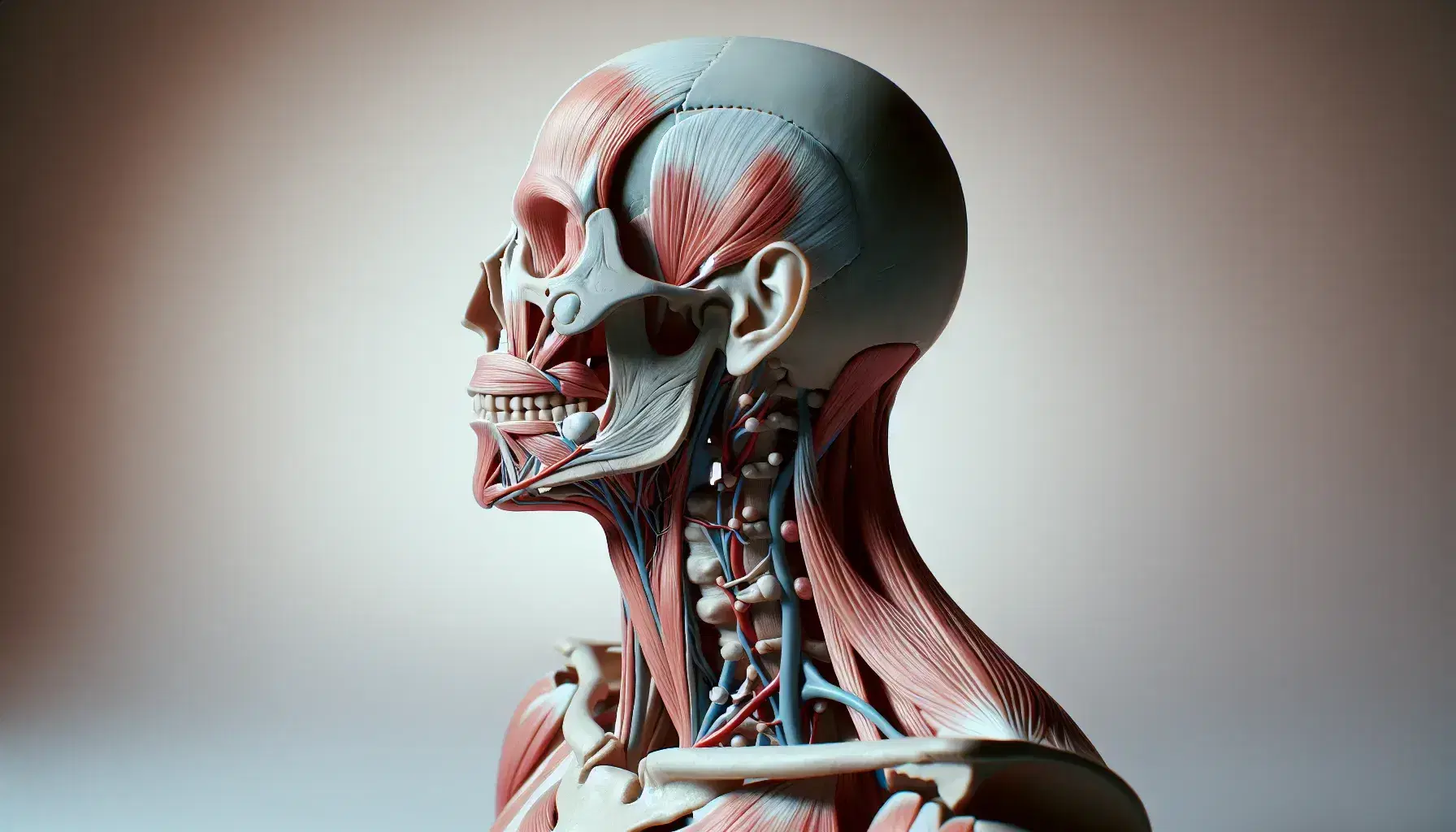 Modelo anatómico detallado del cuello humano mostrando músculos, arterias, venas y estructuras óseas con tráquea y anillos cartilaginosos en vista lateral.