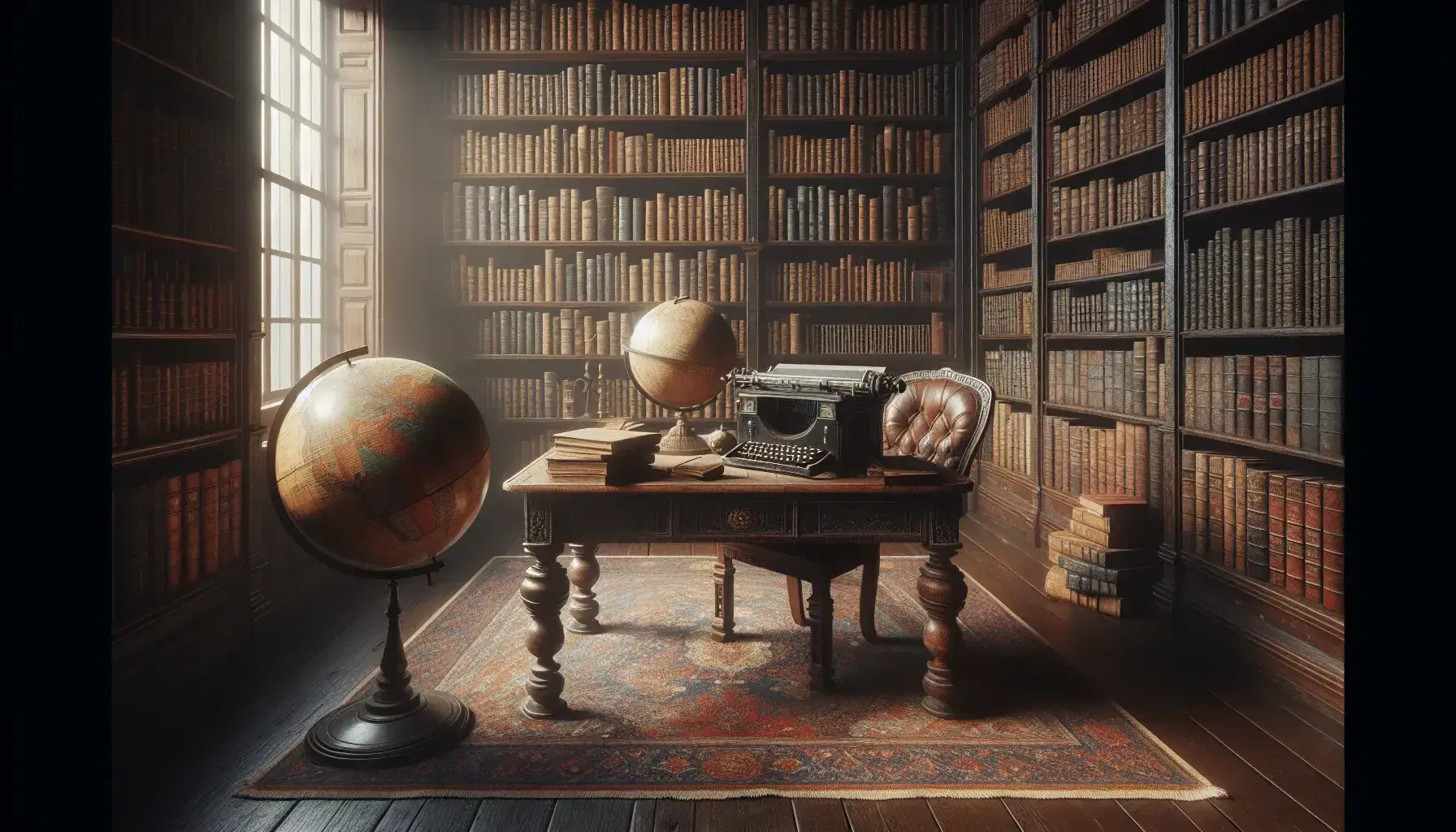 Biblioteca antigua con estanterías de madera oscura llenas de libros, mesa central con globo terráqueo y máquina de escribir, silla de cuero y alfombra persa bajo luz natural.