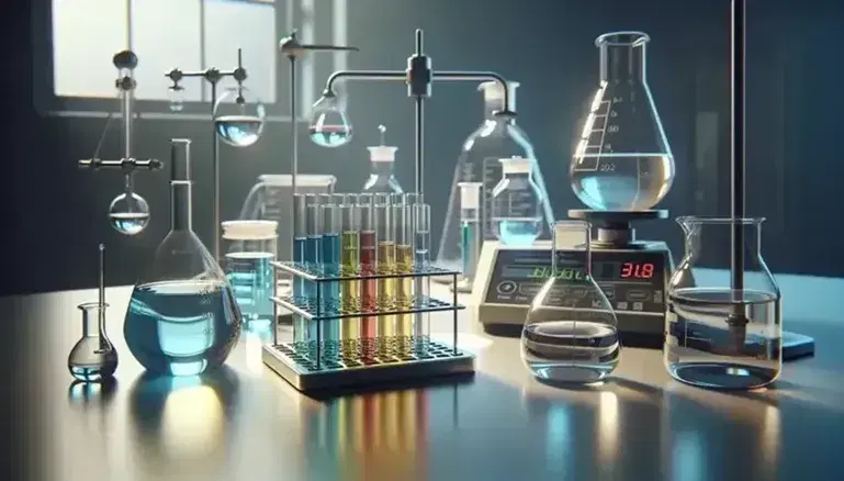 Laboratorio químico con tubos de ensayo de colores, matraz Erlenmeyer, balanza analítica y frascos de vidrio sobre mesa iluminada.
