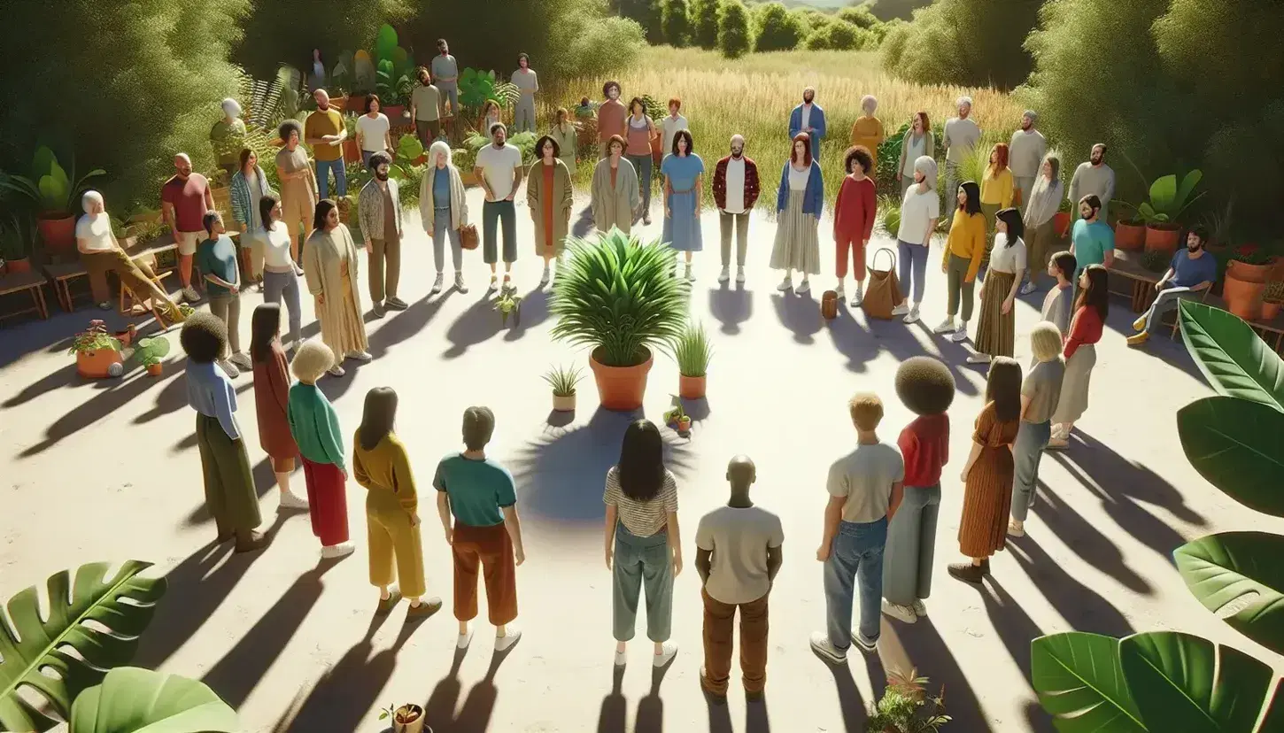 Grupo diverso de personas en círculo alrededor de una planta en maceta bajo luz natural, transmitiendo comunidad y armonía en un entorno al aire libre.