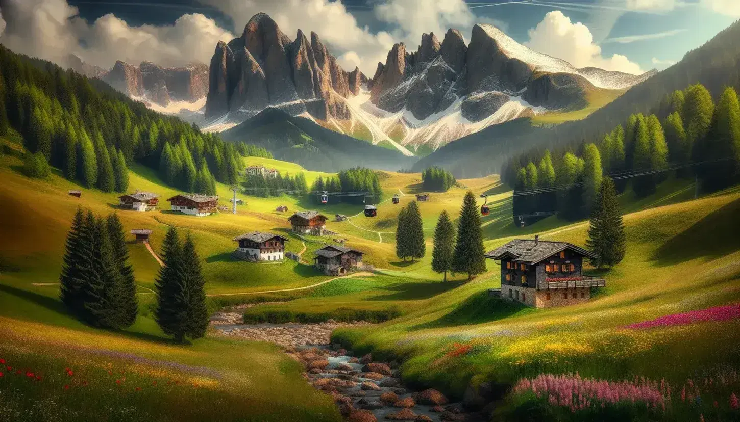 Paesaggio montano del Trentino-Alto Adige con prati verdi, case tradizionali, foreste di conifere e montagne innevate sotto un cielo azzurro.