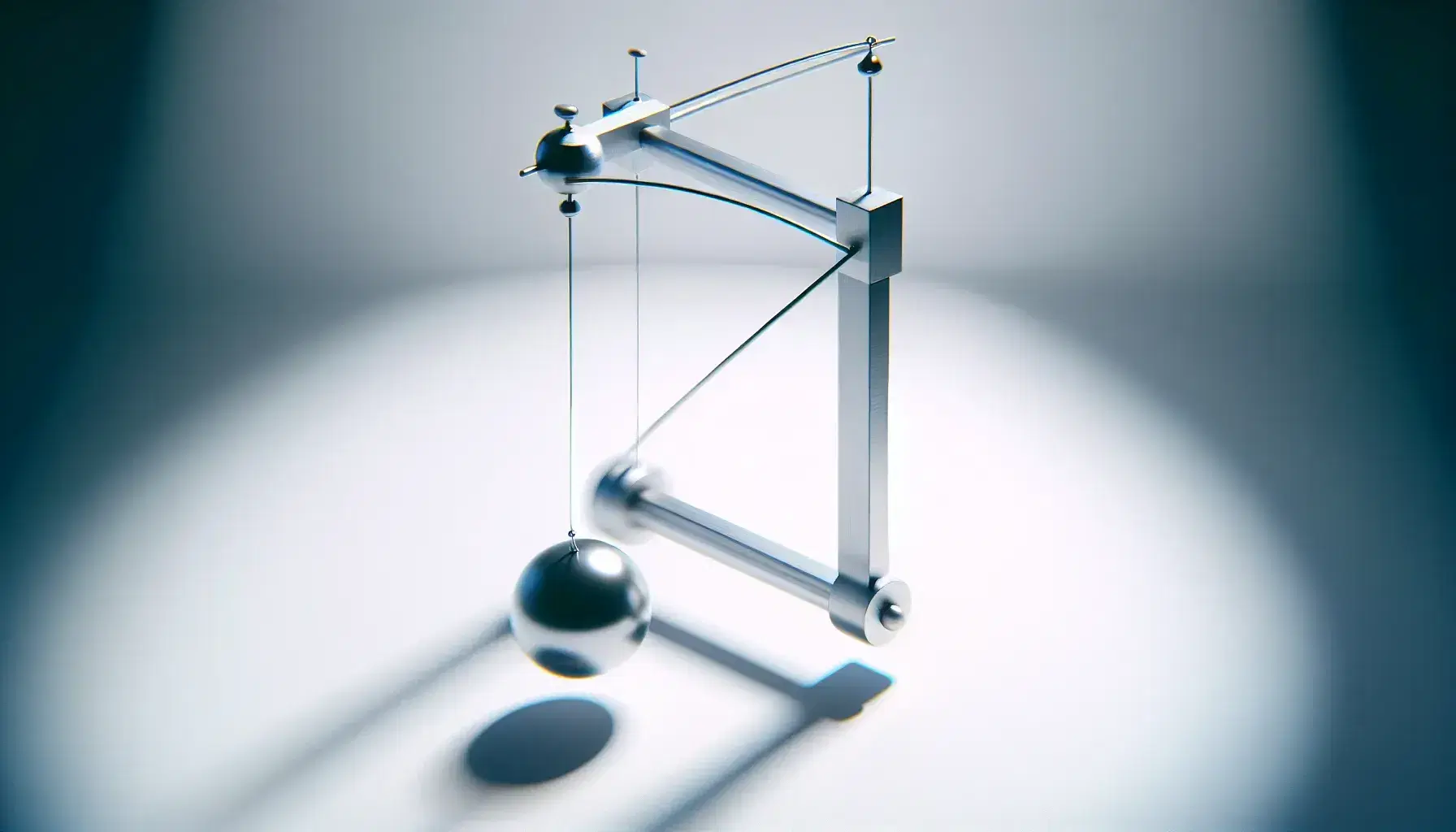 Double pendulum in motion with blurred spherical bob and soft shadow against a white background, showcasing dynamic chaotic system.