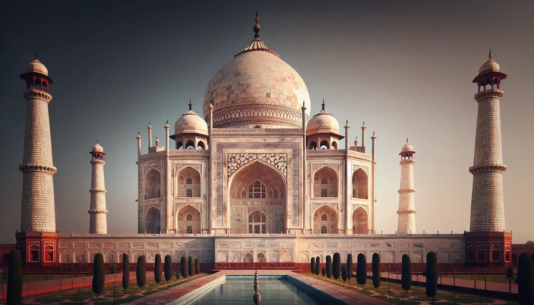Taj Mahal under clear blue skies, white marble dome with lotus finial, flanked by red sandstone buildings, reflected in long pool amidst lush gardens.