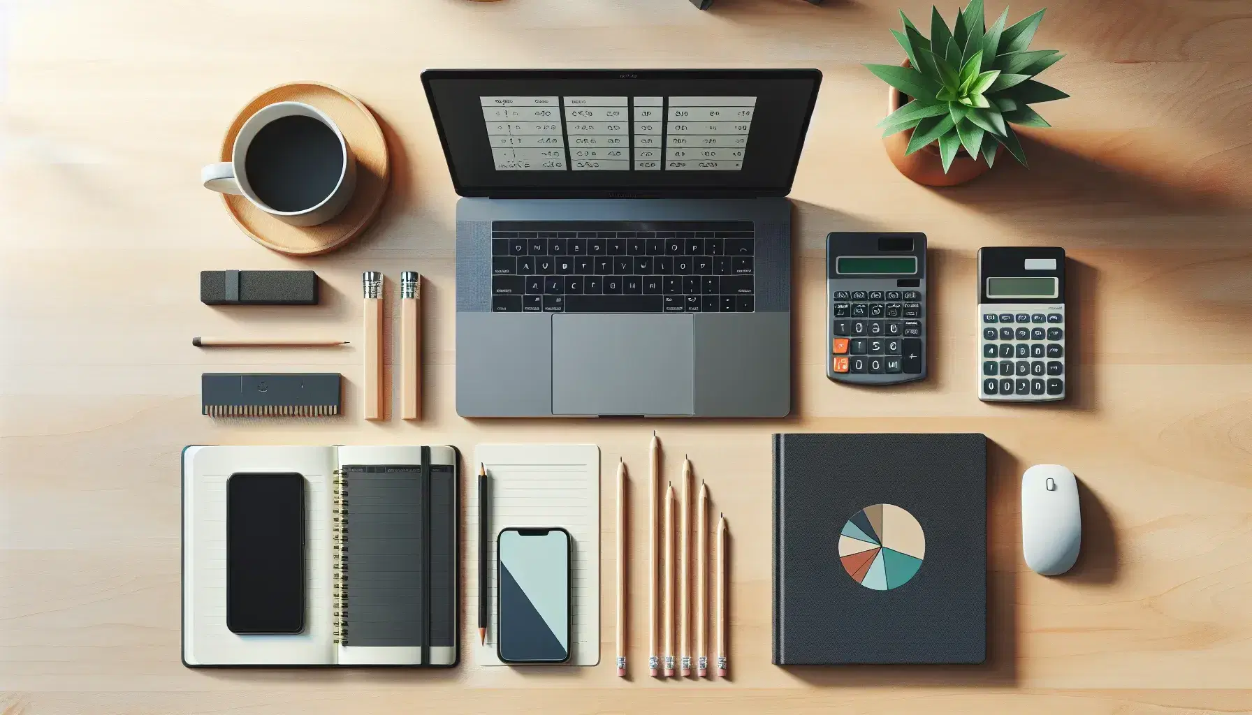 Escritorio de oficina con portátil abierto, calculadora científica, lápices, libreta azul, smartphone, taza de café y planta, gráfico circular al fondo.