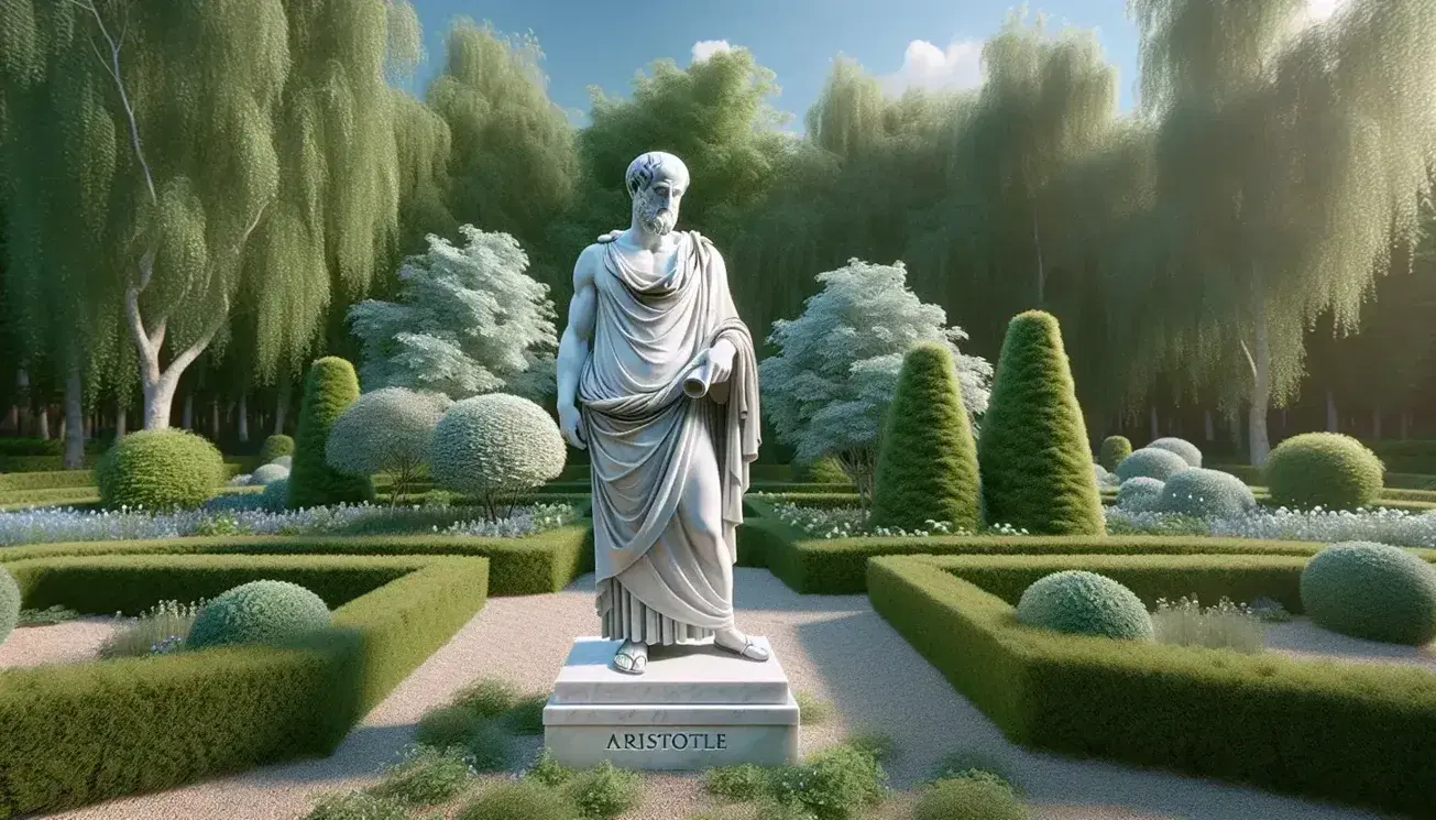 Estatua de mármol blanco de Aristóteles pensativo con pergamino, en jardín clásico con follaje verde y cielo despejado.