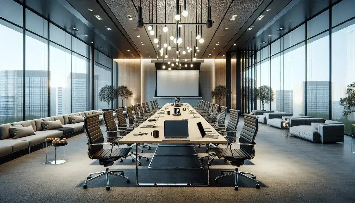 Sala de reuniones moderna con mesa de madera, sillas ergonómicas, dispositivos electrónicos, proyector y vista a edificios a través de pared de cristal.