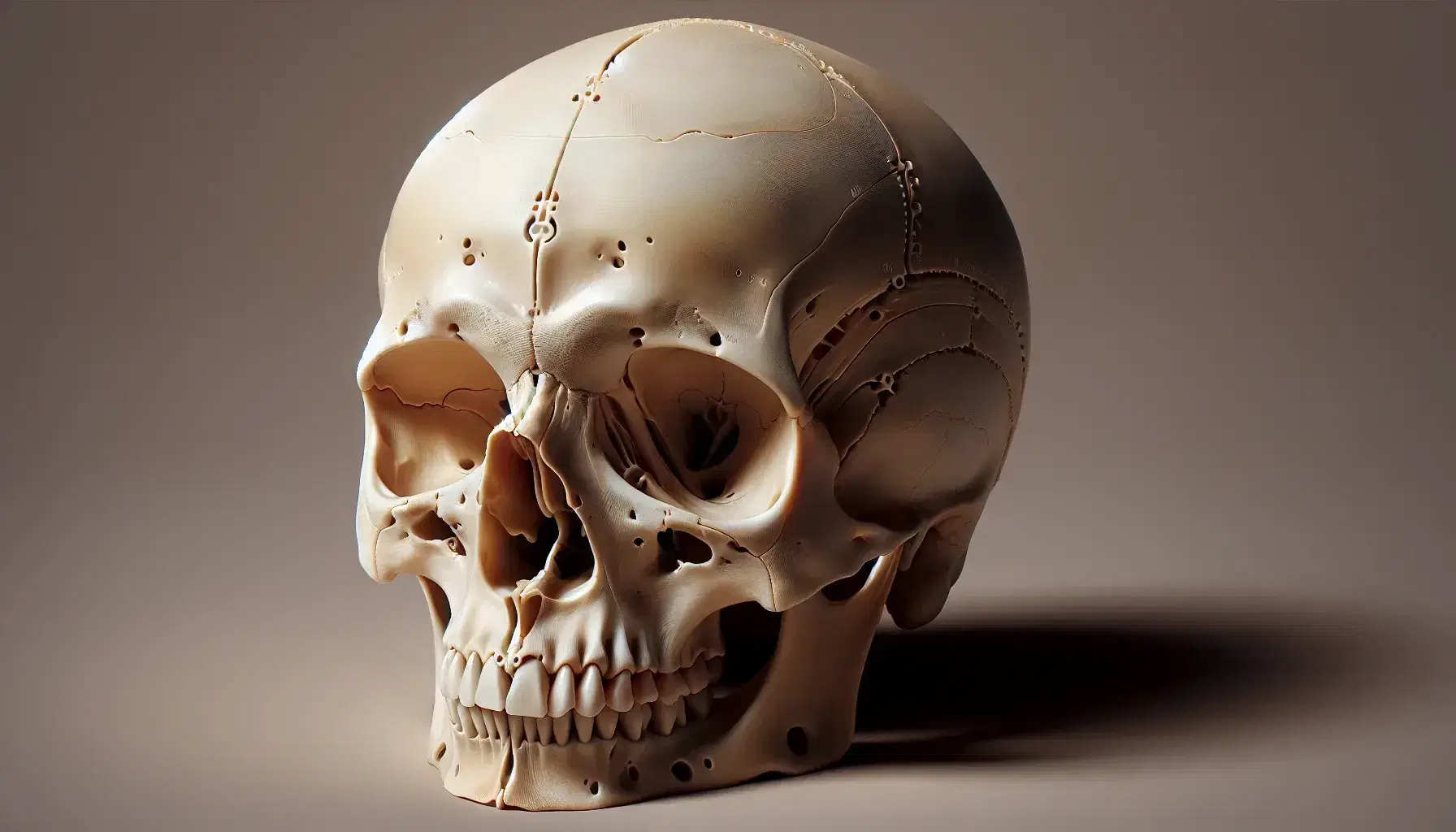 Vista inferior de un cráneo humano realista destacando el foramen magnum, suturas craneales y texturas óseas en fondo neutro.