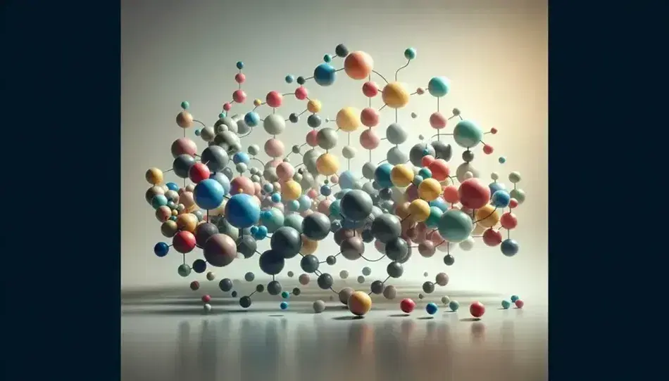 Esferas flotantes multicolores en formación de estructura molecular con fondo neutro y reflejo sutil, sin enlaces visibles, iluminación desde arriba a la izquierda.