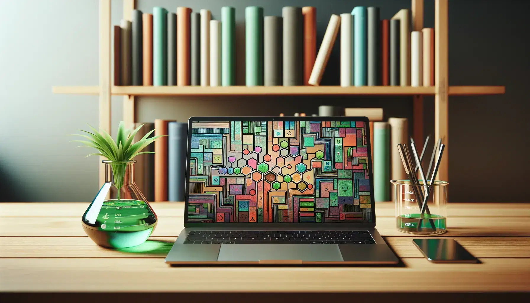 Wooden desk with open laptop showing abstract graphics, beaker with green liquid, green plant and blurry bookcase in background.