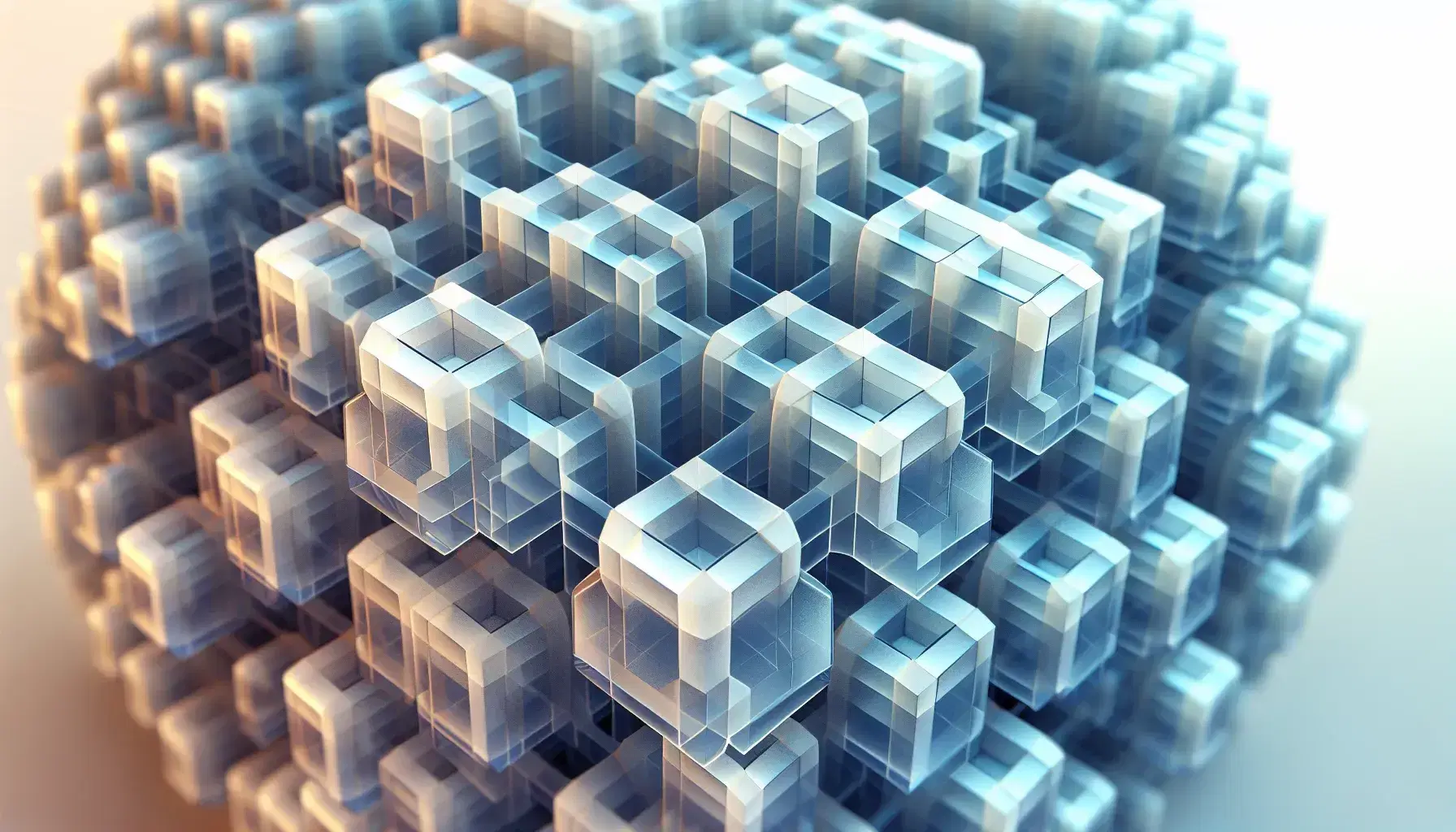 Geometric crystalline structure with translucent cubes in shades of light blue and white, some detached in the foreground on a blurred background.