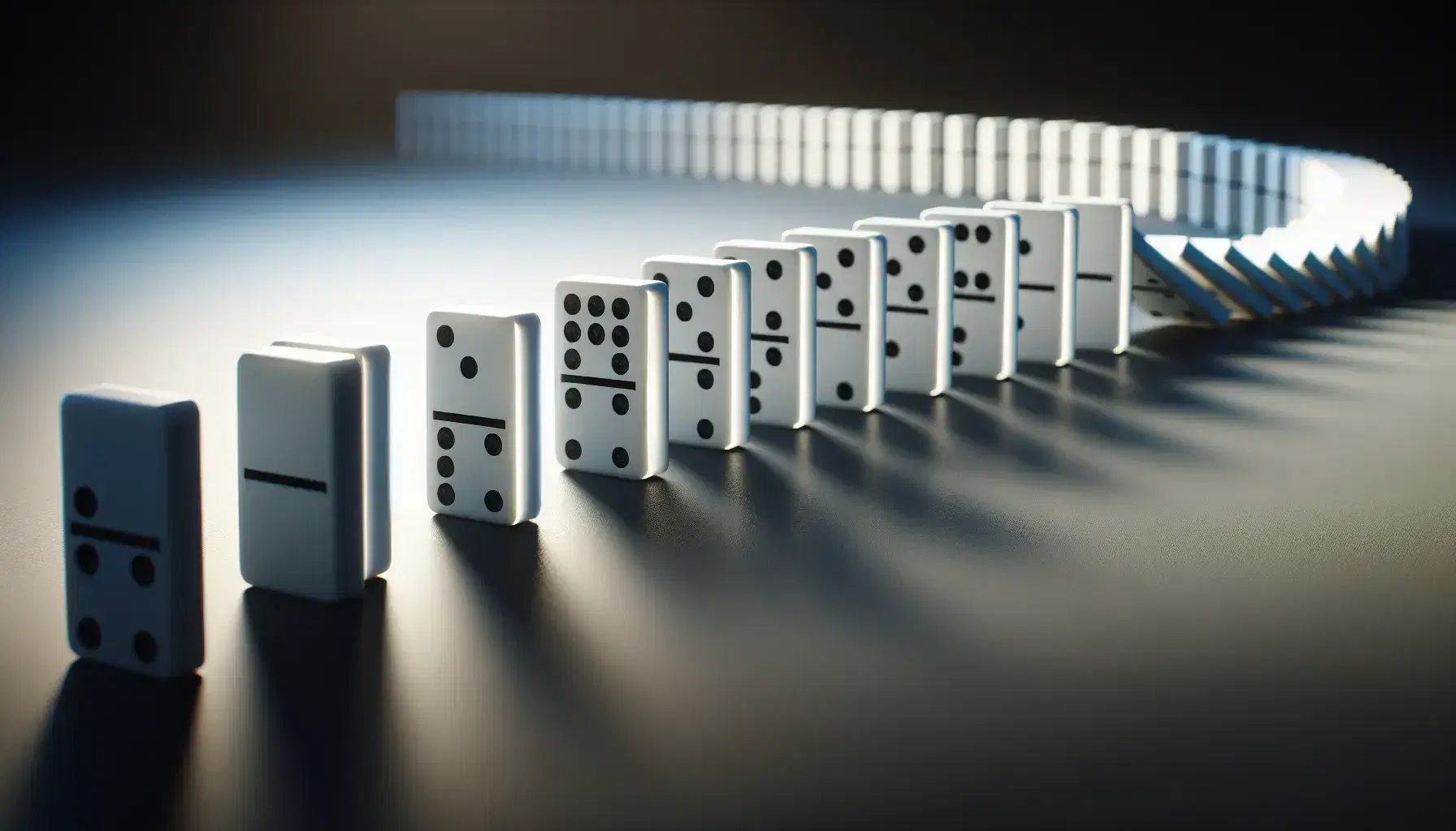 Close-up view of white dominoes in a line on a matte surface, with the first upright and others falling in a dynamic sequence, no visible numbers.