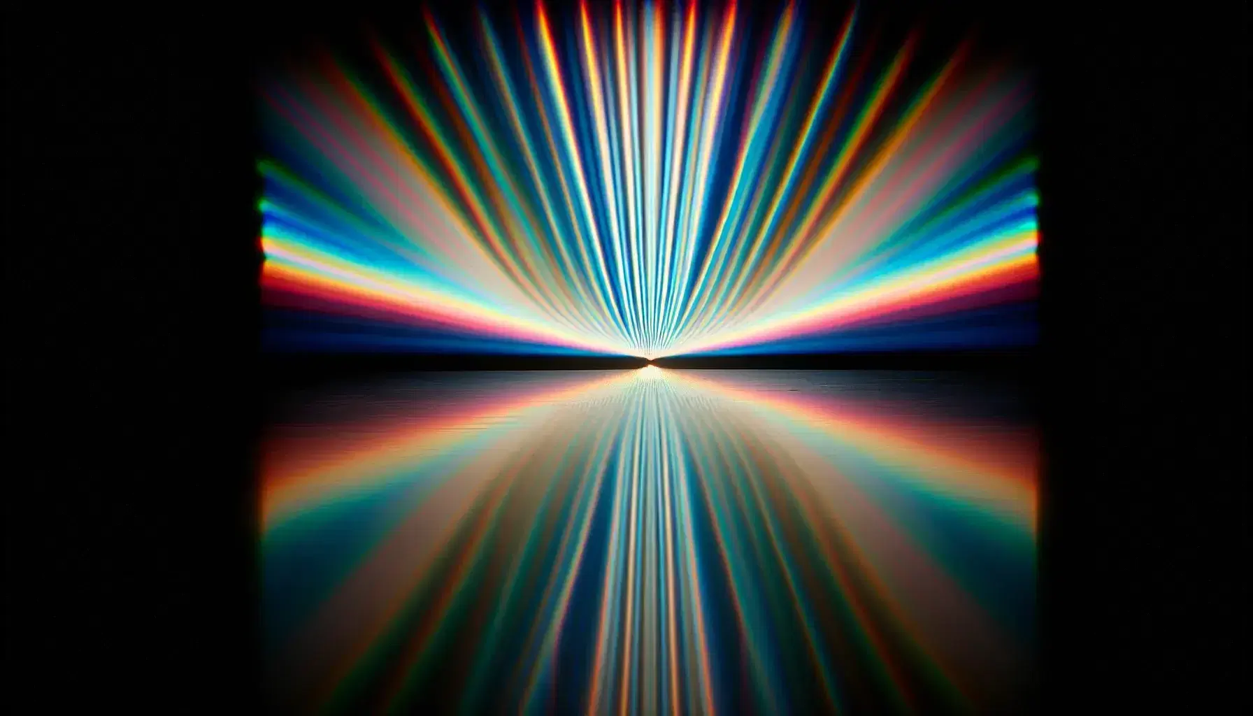 Patrón de interferencia de colores del espectro visible en fondo negro, con franjas verticales que se difuminan hacia los bordes y reflejo en superficie inferior.