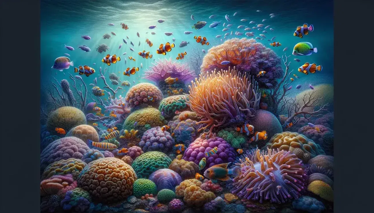Vibrant underwater scene with colorful coral formations, tropical fish, a sea turtle, a school of silver fish and the shadow of a shark.