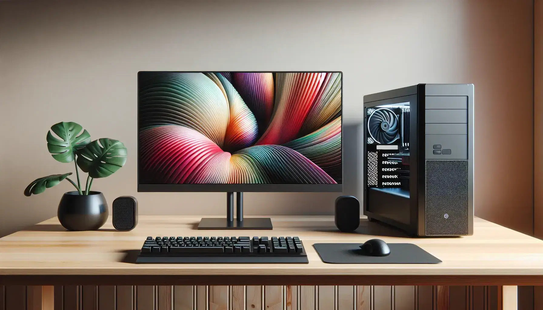 Modern computer station with widescreen monitor, black speakers, anonymous keyboard and mouse, on light wooden desk, next to green plant.