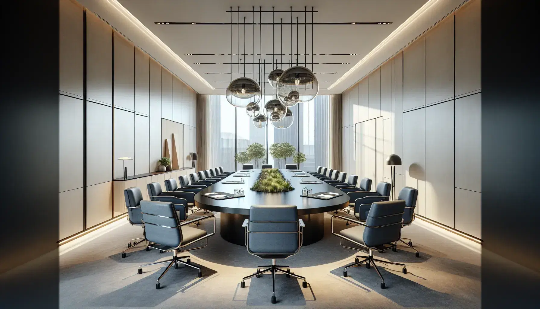 Sala riunioni moderna e luminosa con tavolo ovale in legno scuro, sedie ergonomiche blu, lampade pendenti e finestra ampia.
