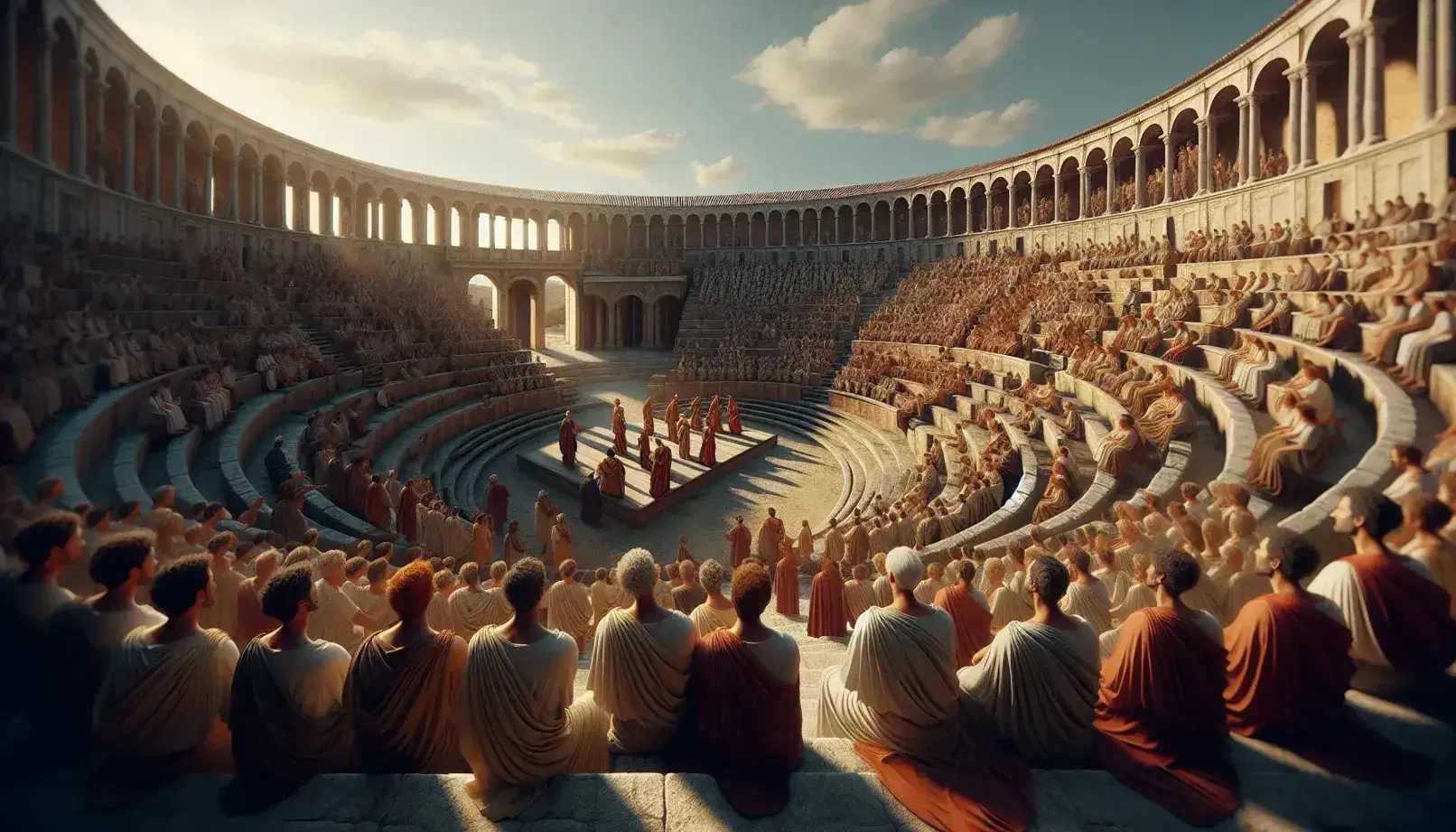 Rappresentazione artistica di un teatro romano antico con spettatori in tuniche e attori mascherati sul palco, sotto un cielo sereno.