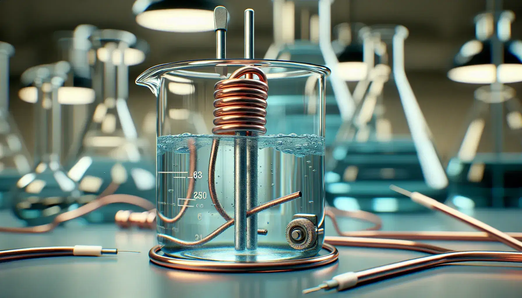 Simple electrochemical cell with beaker containing light blue electrolyte solution and two metal electrodes connected to copper wires in blurry laboratory.