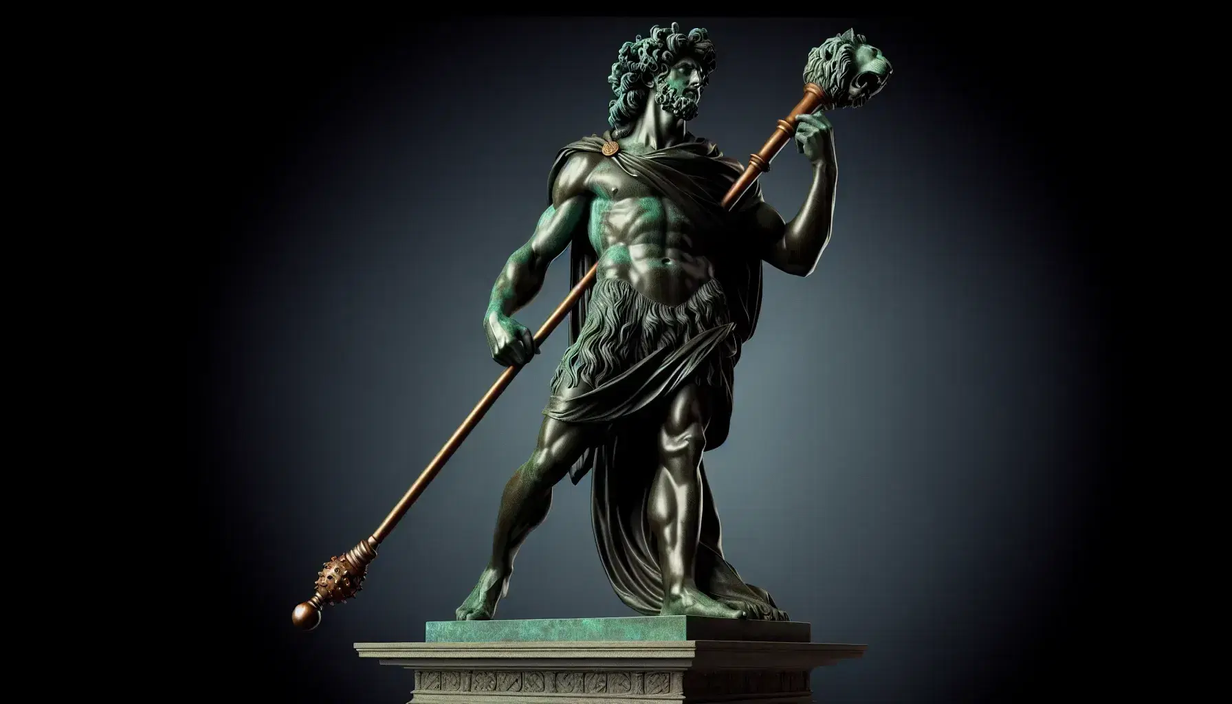 Estatua de bronce de hombre musculoso en pose heroica con piel de león sobre la cabeza y maza en mano, sobre base de piedra.