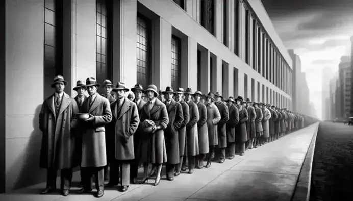Row of people in 1930s clothes wait patiently outside a classic building, man with empty bowl and woman with bundle.