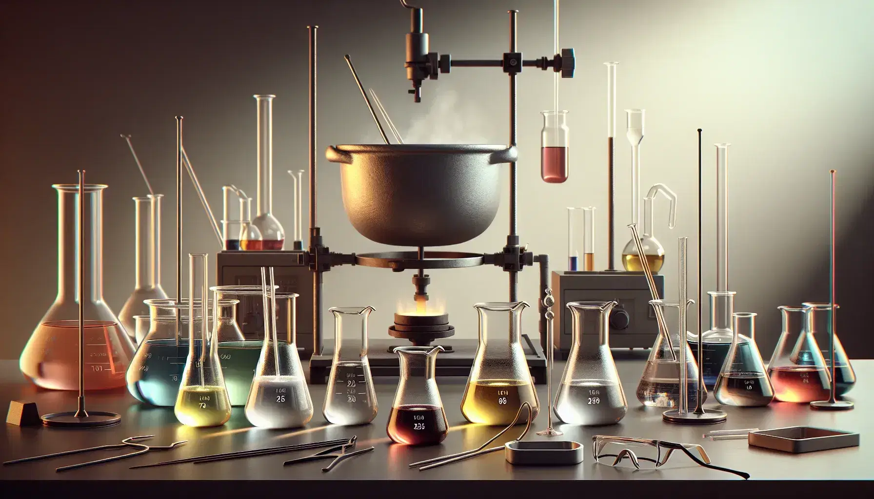 Laboratory with beaker of period 3 oxides: white solid, pale yellow, red-brown liquid and colorless liquid, gloves and safety glasses.